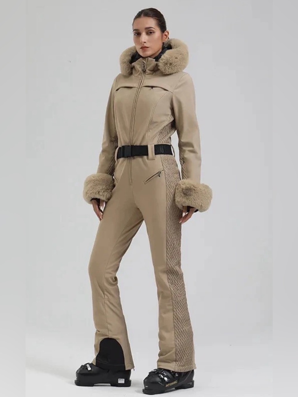 GSouSnow Beige Faux-Fur Trim Hooded ski suit, small